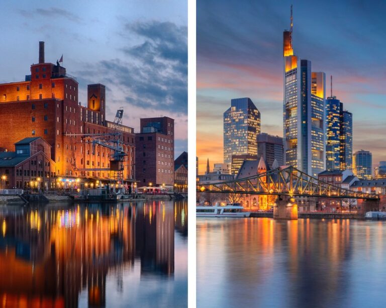Das Bild ist zweigeteilt und zeigt beide Standorte von crossrelations. Auf der einen Seite ist der Innenhafen von Duisburg zu sehen, auf der anderen die Frankfurter Skyline vom Main.